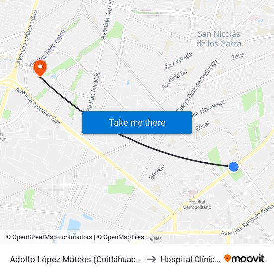 Adolfo López Mateos (Cuitláhuac - Xicoténcatl) to Hospital Clínica Nova map