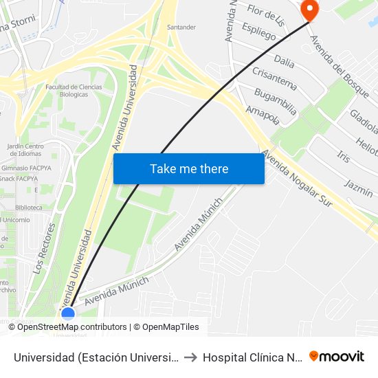 Universidad (Estación Universidad) to Hospital Clínica Nova map