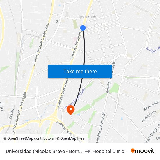 Universidad (Nicolás Bravo - Bernardo Reyes) to Hospital Clínica Nova map