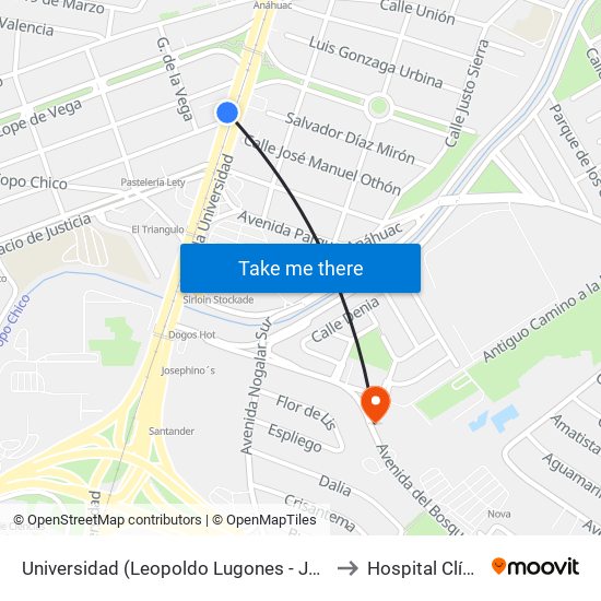 Universidad (Leopoldo Lugones - José Santos Chocano) to Hospital Clínica Nova map