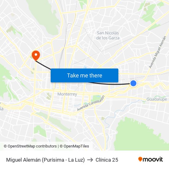 Miguel Alemán (Purísima - La Luz) to Clínica 25 map