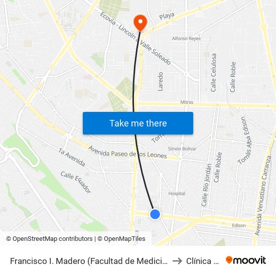 Francisco I. Madero (Facultad de Medicina) to Clínica 25 map
