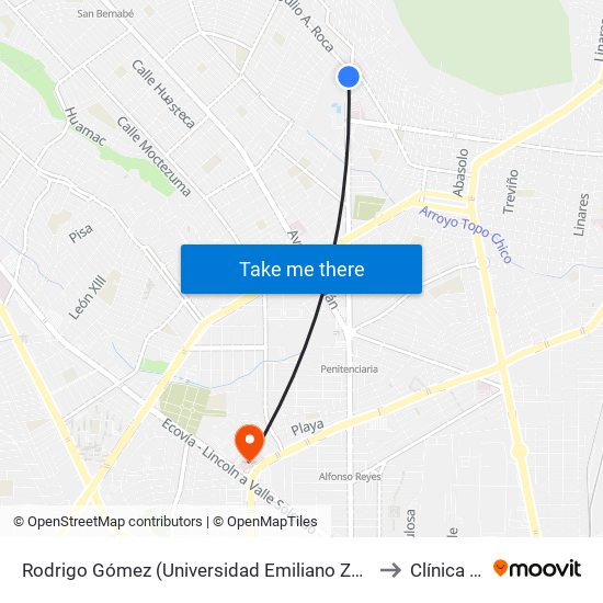 Rodrigo Gómez (Universidad Emiliano Zapata) to Clínica 25 map