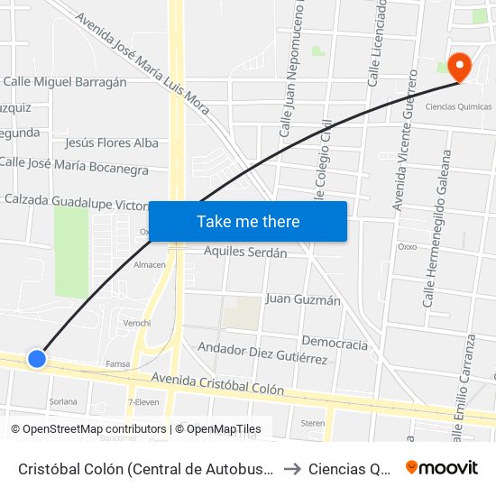 Cristóbal Colón (Central de Autobuses de Monterrey) to Ciencias Quimicas map