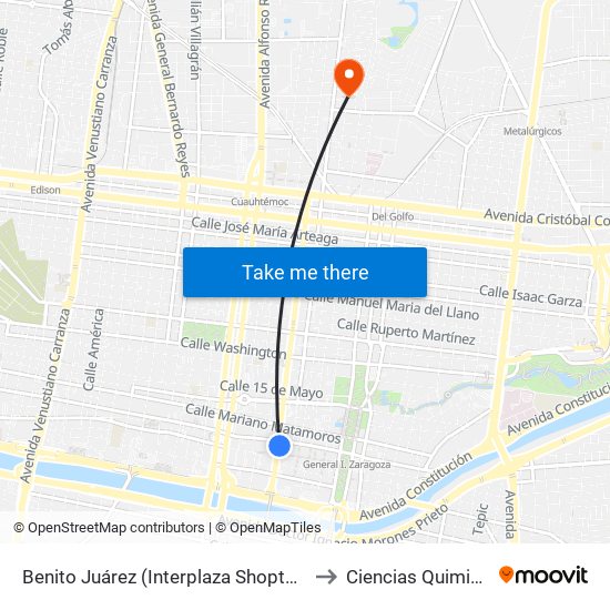 Benito Juárez (Interplaza Shoptown) to Ciencias Quimicas map