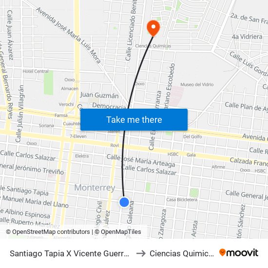 Santiago Tapia X Vicente Guerrero to Ciencias Quimicas map