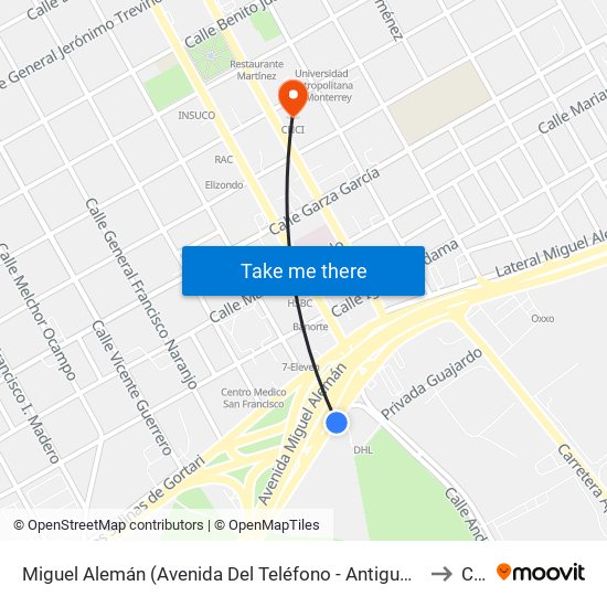 Miguel Alemán (Avenida Del Teléfono - Antiguo Camino A Huinalá) to Cnci map