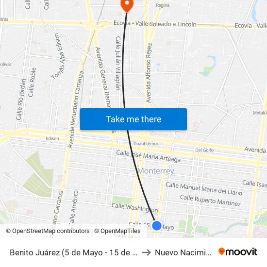 Benito Juárez (5 de Mayo - 15 de Mayo) to Nuevo Nacimiento map