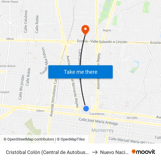 Cristóbal Colón (Central de Autobuses de Monterrey) to Nuevo Nacimiento map