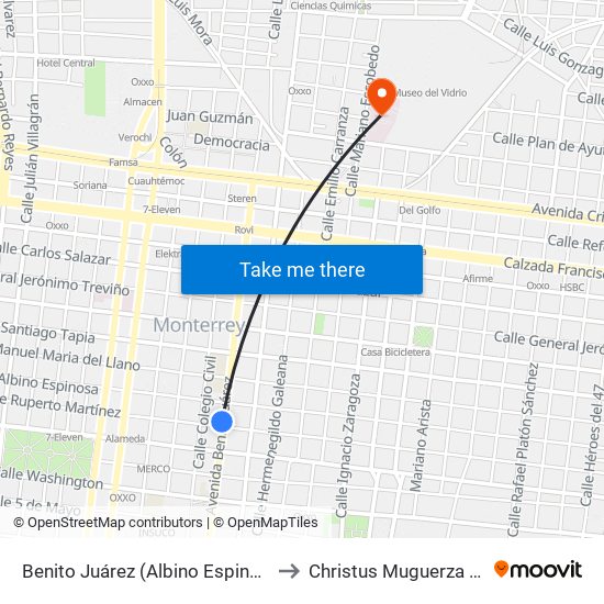 Benito Juárez (Albino Espinosa - Ruperto Martínez) to Christus Muguerza Hospital Vidriera map