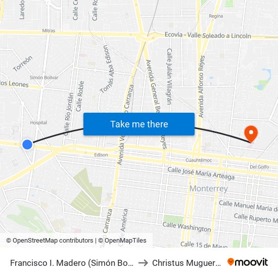 Francisco I. Madero (Simón Bolívar - Eduardo Aguirre Pequeño) to Christus Muguerza Hospital Vidriera map