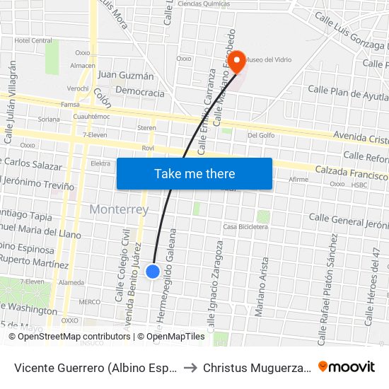 Vicente Guerrero (Albino Espinosa - Ruperto Martínez) to Christus Muguerza Hospital Vidriera map