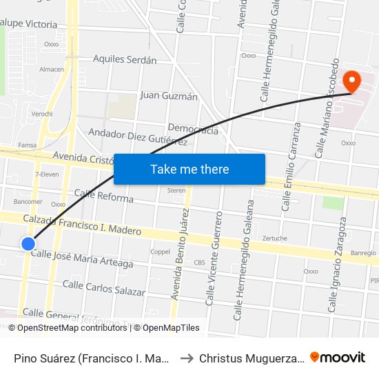 Pino Suárez (Francisco I. Madero - José María Arteaga) to Christus Muguerza Hospital Vidriera map