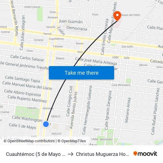 Cuauhtémoc (5 de Mayo - Washington) to Christus Muguerza Hospital Vidriera map