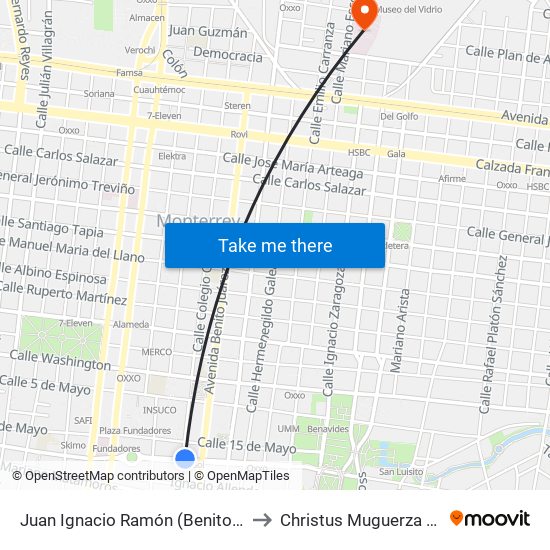 Juan Ignacio Ramón (Benito Juárez - Colegio Civil) to Christus Muguerza Hospital Vidriera map