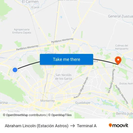 Abraham Lincoln (Estación Astros) to Terminal A map