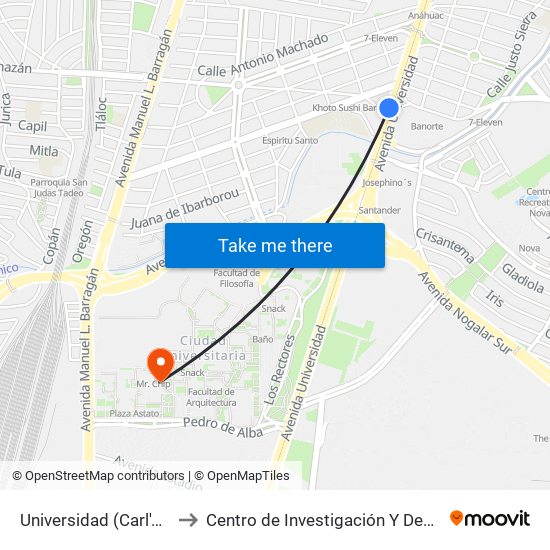 Universidad (Carl's Jr. Anáhuac) to Centro de Investigación Y Desarrollo Tecnológico map