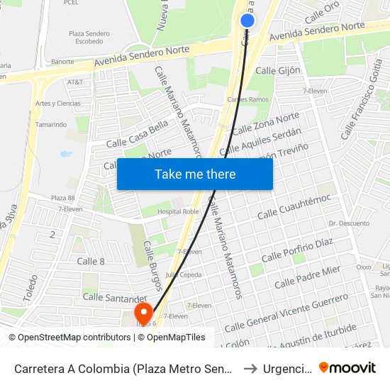 Carretera A Colombia (Plaza Metro Sendero) to Urgencias map