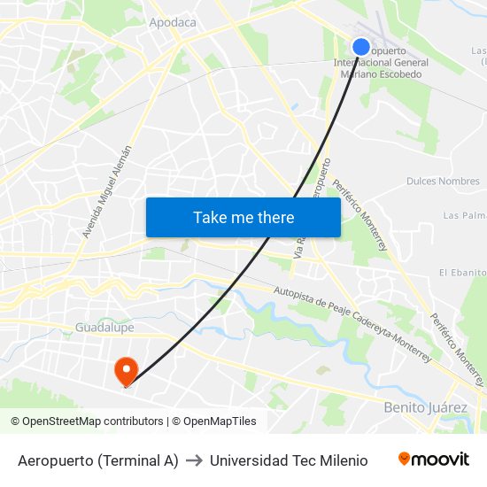 Aeropuerto (Terminal A) to Universidad Tec Milenio map