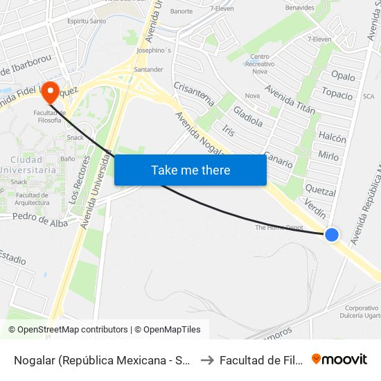 Nogalar (República Mexicana - San Nicolás) to Facultad de Filosofía map