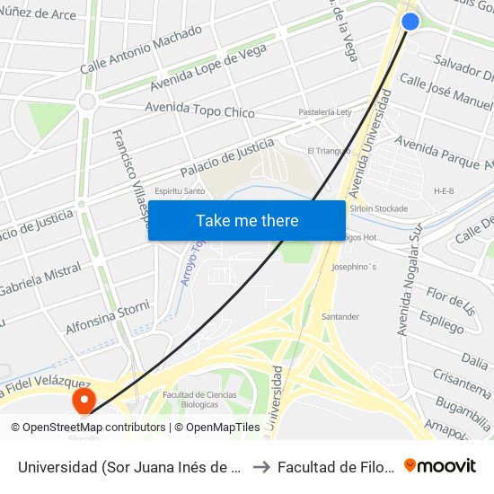 Universidad (Sor Juana Inés de La Cruz) to Facultad de Filosofía map