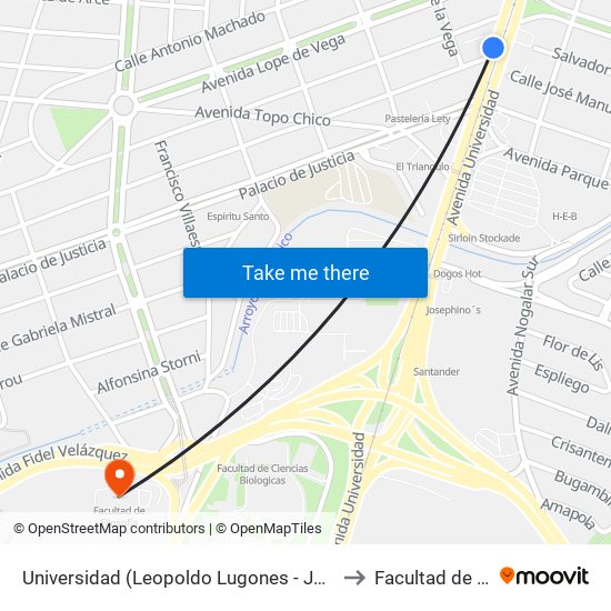 Universidad (Leopoldo Lugones - José Santos Chocano) to Facultad de Filosofía map