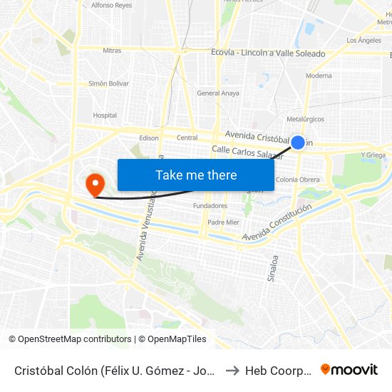 Cristóbal Colón (Félix U. Gómez - Joaquín Garza Leal) to Heb Coorporativo map