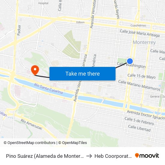 Pino Suárez (Alameda de Monterrey) to Heb Coorporativo map