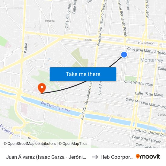 Juan Álvarez (Isaac Garza - Jerónimo Treviño) to Heb Coorporativo map