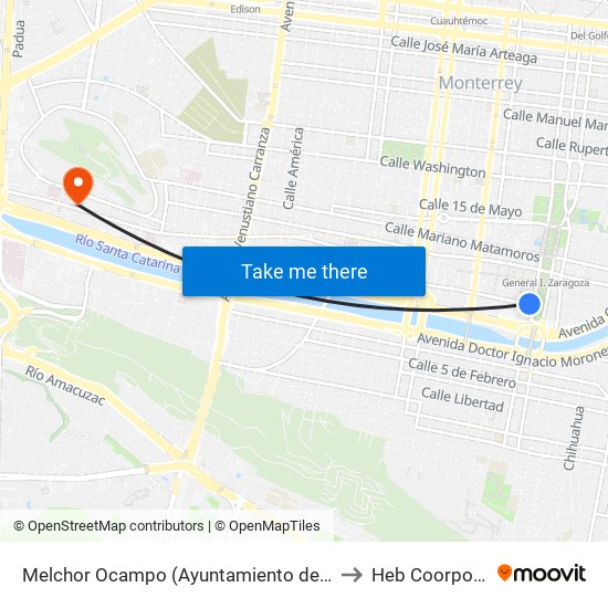 Melchor Ocampo (Ayuntamiento de Monterrey) to Heb Coorporativo map