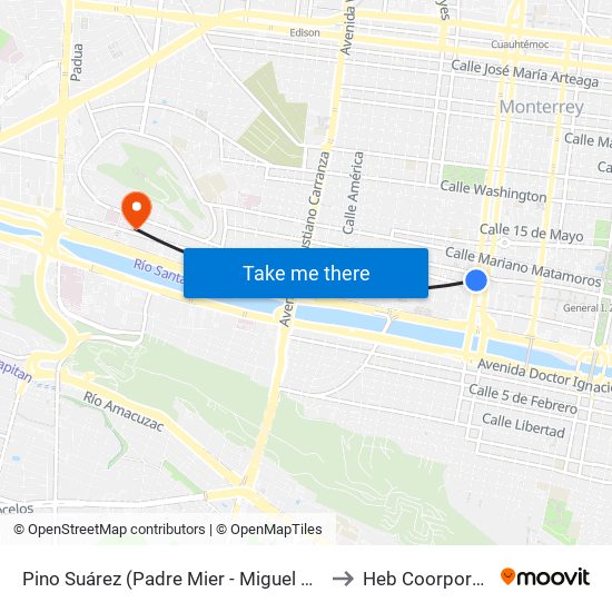 Pino Suárez (Padre Mier - Miguel Hidalgo) to Heb Coorporativo map