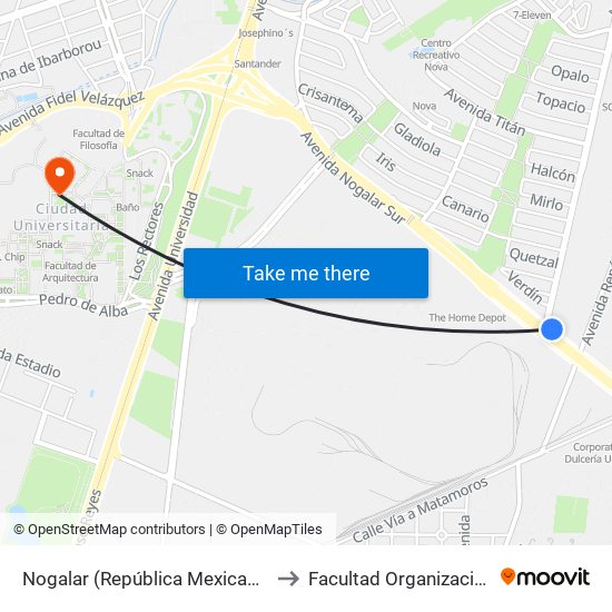 Nogalar (República Mexicana - San Nicolás) to Facultad Organización Deportiva map