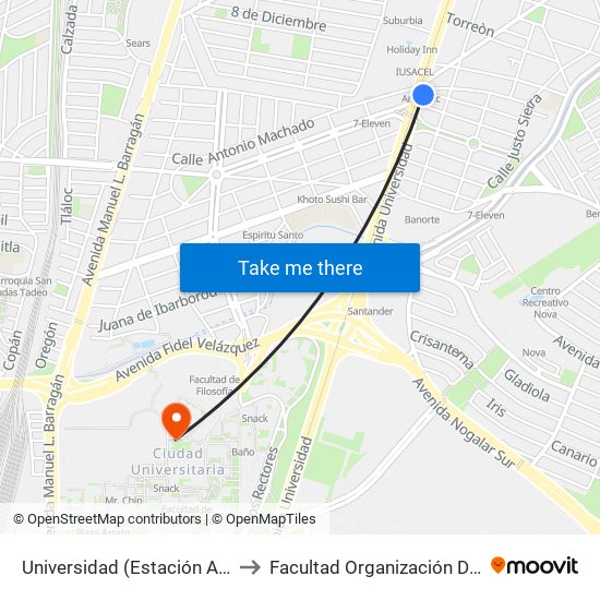 Universidad (Estación Anáhuac) to Facultad Organización Deportiva map