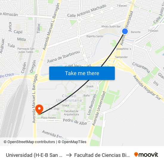 Universidad (H-E-B San Nicolás) to Facultad de Ciencias Biológicas map