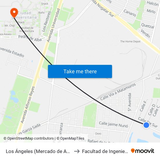 Los Ángeles (Mercado de Abastos Estrella 2) to Facultad de Ingeniería Mecánica map