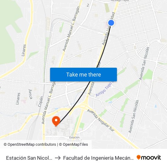 Estación San Nicolás to Facultad de Ingeniería Mecánica map