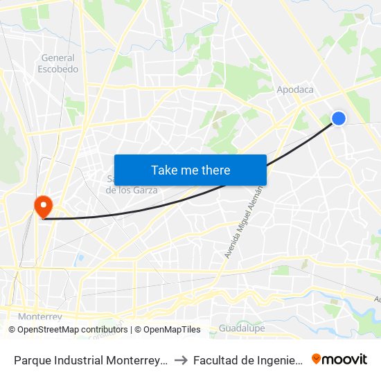 Parque Industrial Monterrey (Denso México) to Facultad de Ingeniería Mecánica map