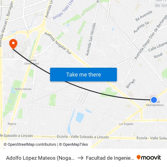 Adolfo López Mateos (Nogalar - Línea de Gas) to Facultad de Ingeniería Mecánica map