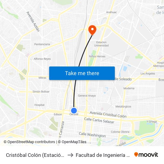 Cristóbal Colón (Estación Central) to Facultad de Ingeniería Mecánica map