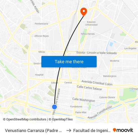 Venustiano Carranza (Padre Mier - Miguel Hidalgo) to Facultad de Ingeniería Mecánica map