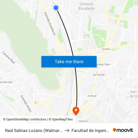 Raúl Salinas Lozano (Walmart Escobedo Norte) to Facultad de Ingeniería Mecánica map
