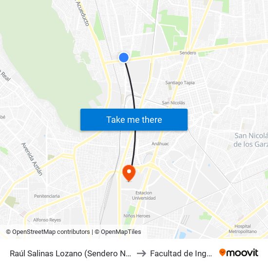 Raúl Salinas Lozano (Sendero Norte - Hacienda Monte Falco) to Facultad de Ingeniería Mecánica map