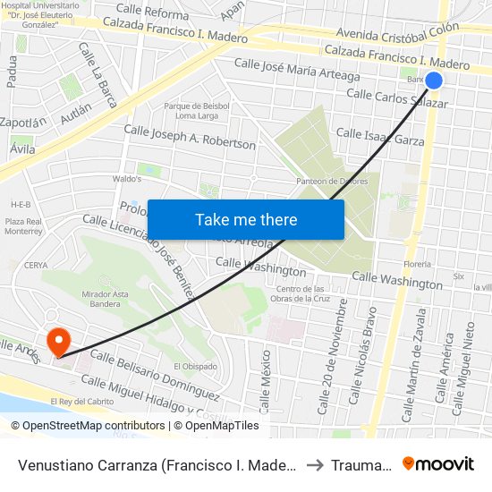 Venustiano Carranza (Francisco I. Madero - José María Arteaga) to Traumatología map