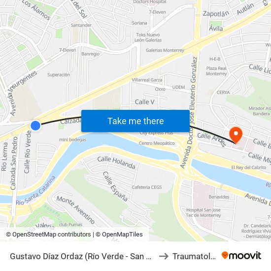 Gustavo Díaz Ordaz (Río Verde - San Jerónimo) to Traumatología map