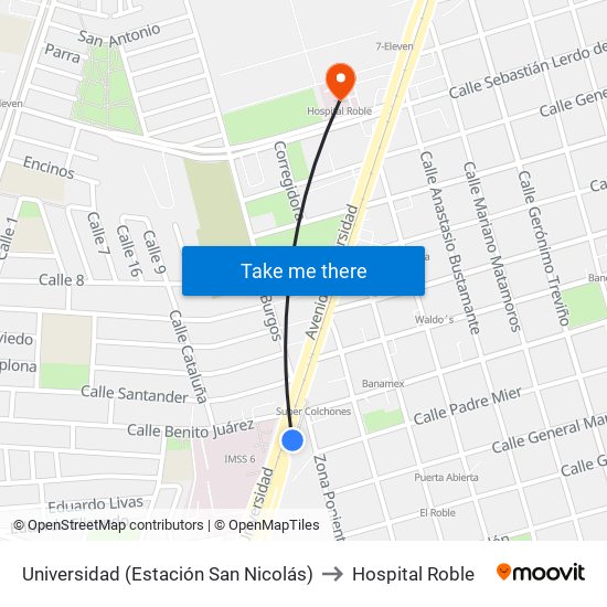 Universidad (Estación San Nicolás) to Hospital Roble map