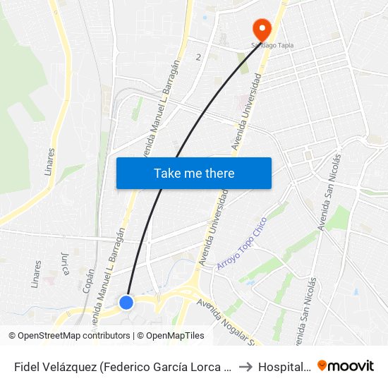 Fidel Velázquez (Federico García Lorca - Manuel L. Barragán) to Hospital Roble map