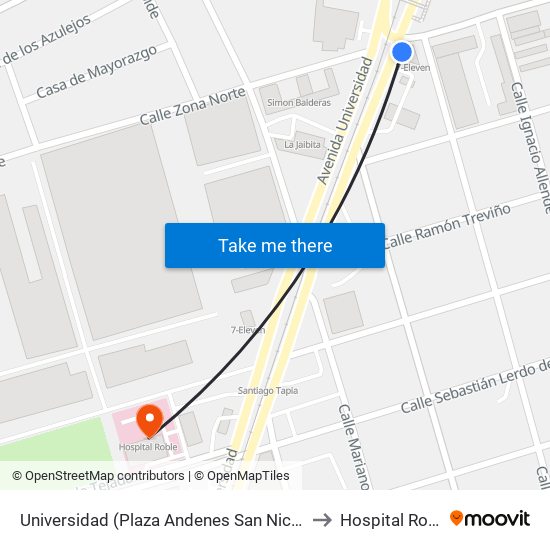 Universidad (Plaza Andenes San Nicolás) to Hospital Roble map