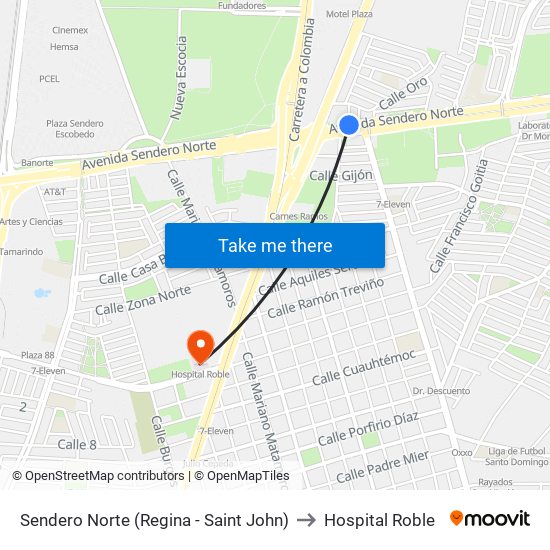Sendero Norte (Regina - Saint John) to Hospital Roble map