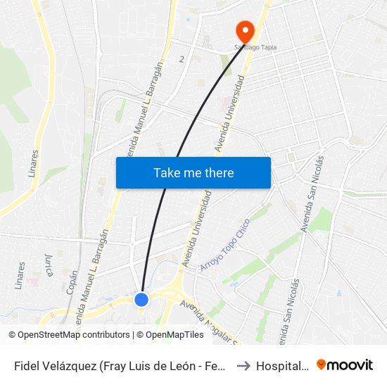 Fidel Velázquez (Fray Luis de León - Federico García Lorca) to Hospital Roble map