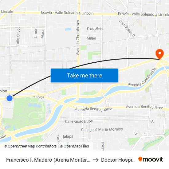 Francisco I. Madero (Arena Monterrey) to Doctor Hospital map